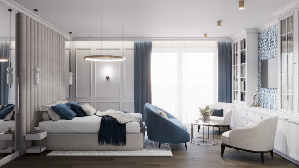 Sypialnia w kolorze białoniebieskim